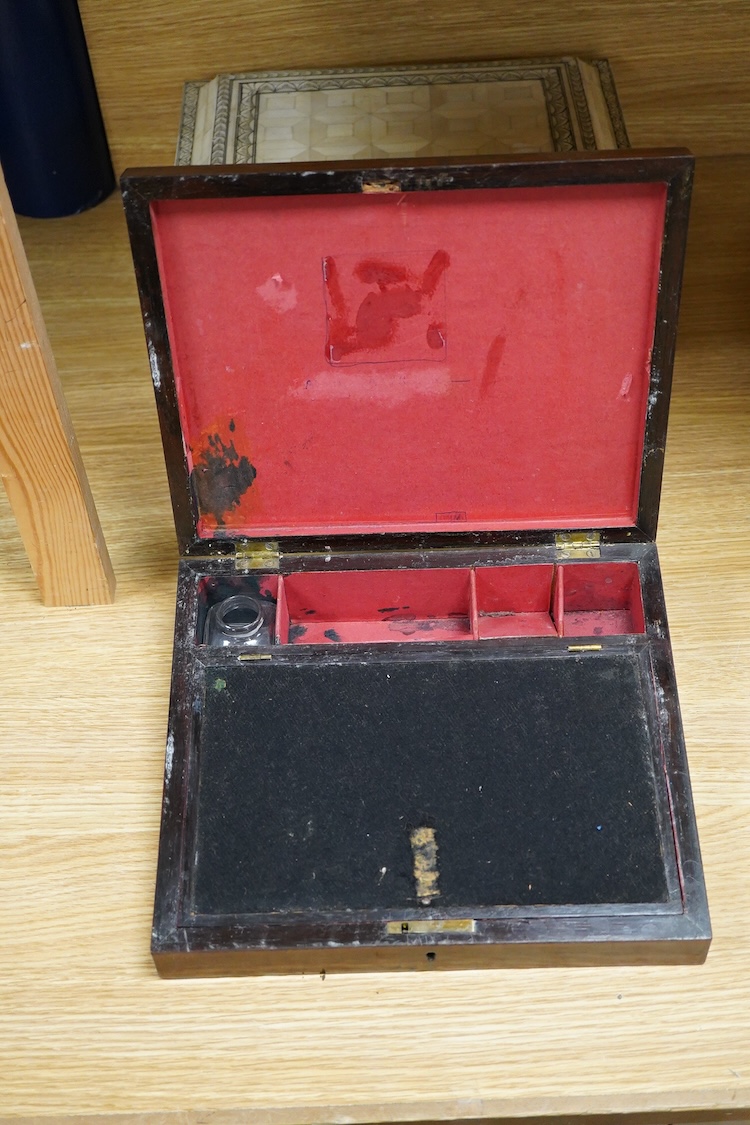 A Tunbridge ware half square mosaic banded writing slope, c.1830, a lacquer and mother of pearl inlaid box and an Indian bone veneered box, largest 34cm wide